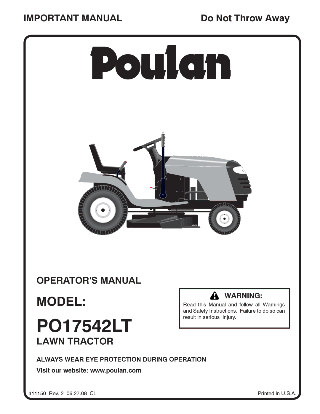 Poulan 96012006904 manual PO17542LT, Model 