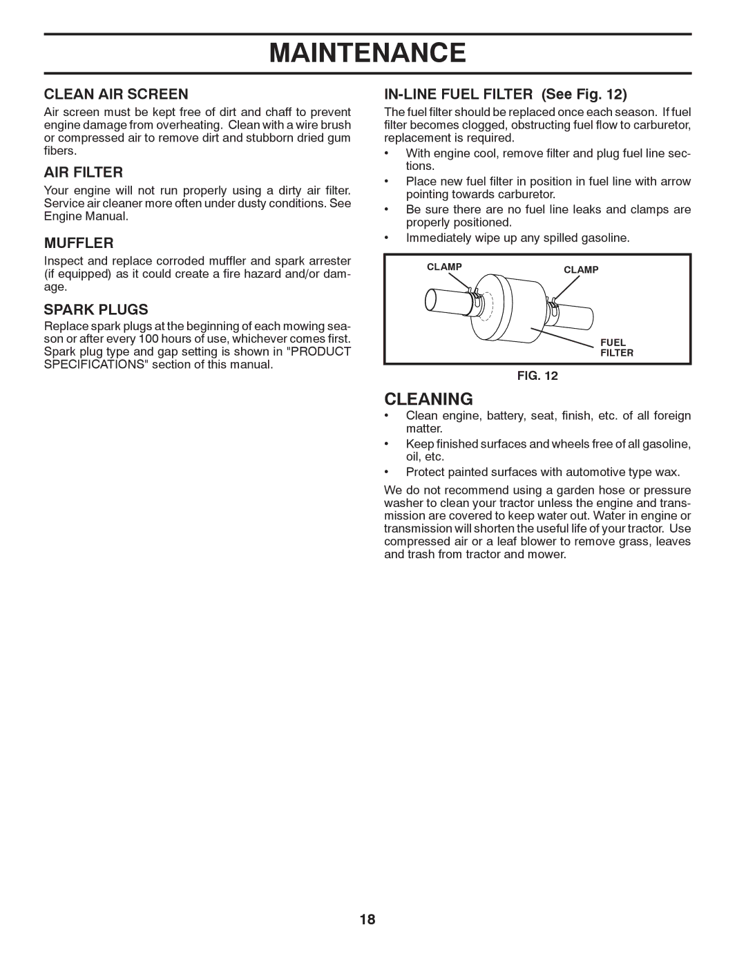 Poulan 96012006904 manual Cleaning, Clean AIR Screen, AIR Filter, Muffler, Spark Plugs 