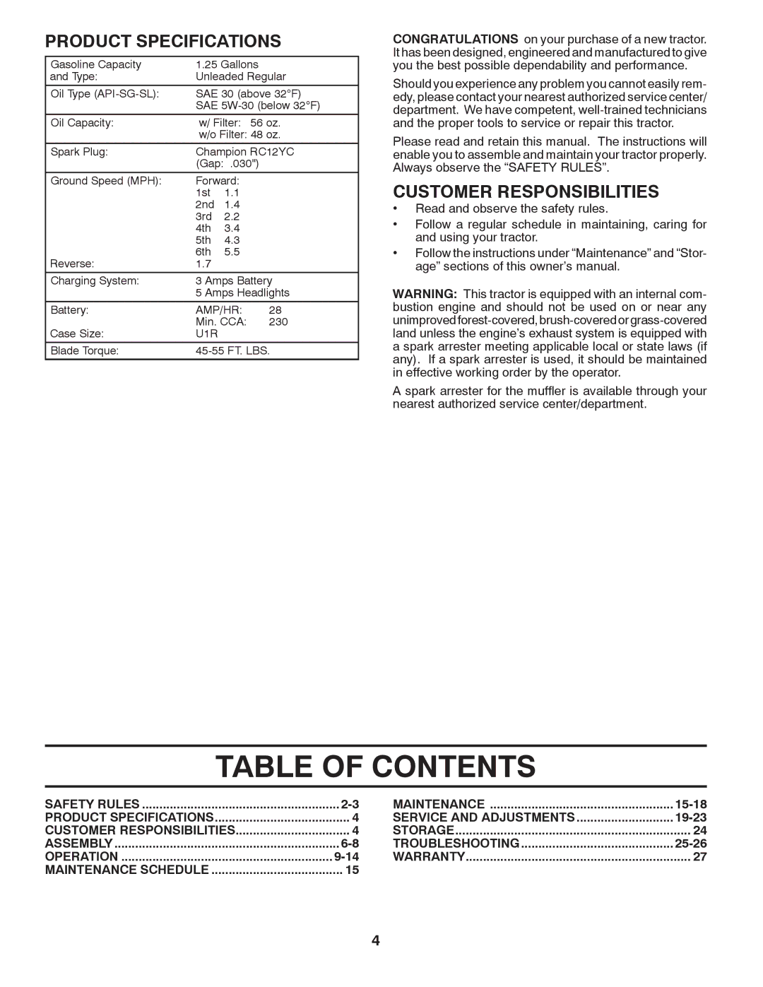 Poulan 96012006904 manual Table of Contents 