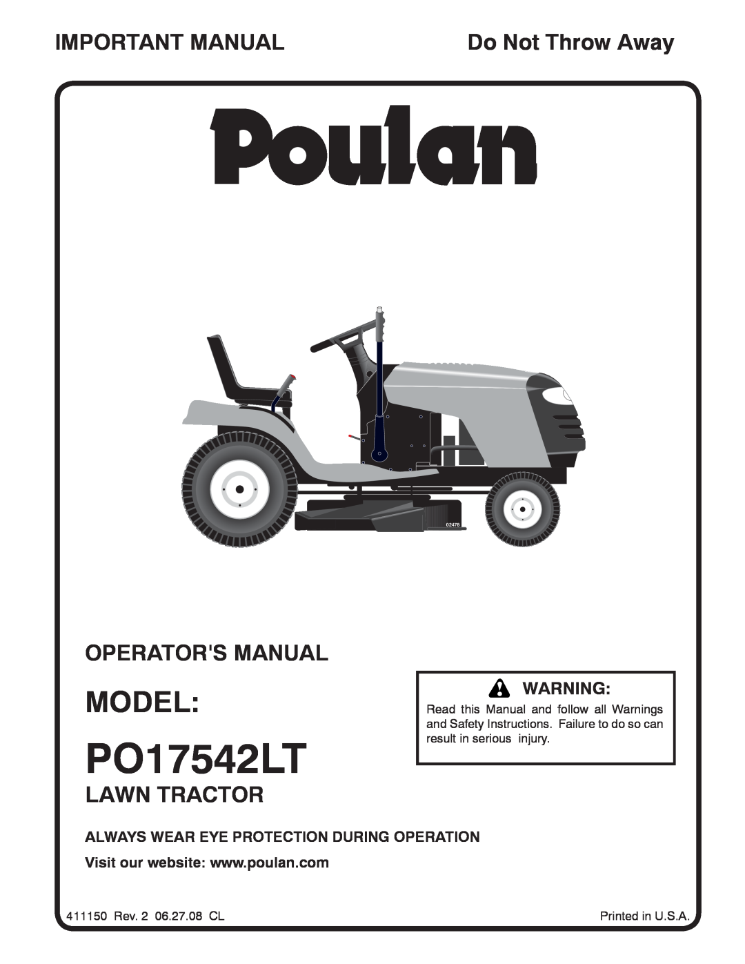 Poulan 96012006904 manual Model, Important Manual, Operators Manual, Lawn Tractor, Do Not Throw Away, PO17542LT, 02478 