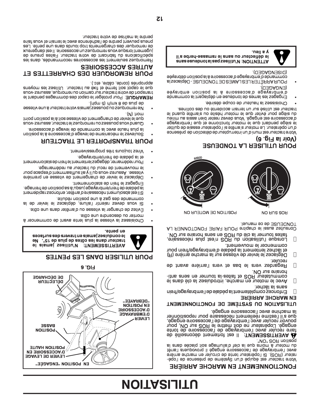 Poulan 96012006904 manual Fig la Voir, Utilisation, Accessoires Autres, Et Charrettes Des Remorquer Pour 