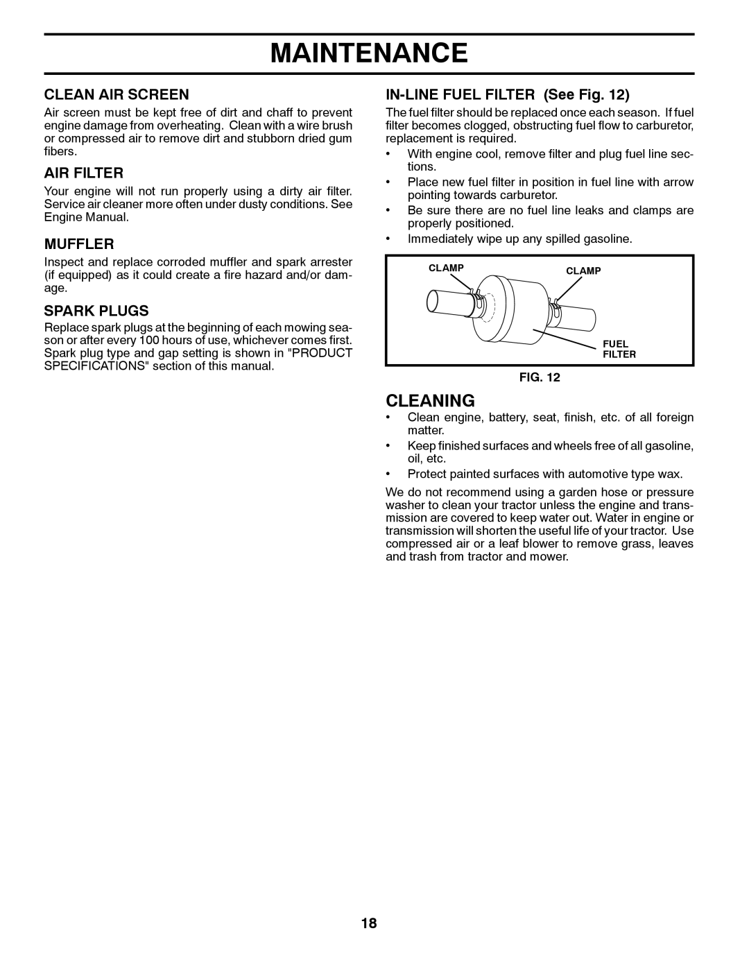 Poulan 96012006905, 423352 manual Cleaning, Clean AIR Screen, AIR Filter, Muffler, Spark Plugs 