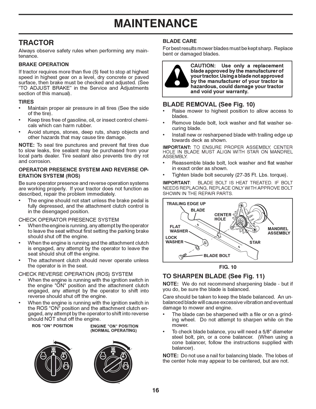 Poulan 96012007900, 417183 manual Tractor, Blade Removal See Fig, To Sharpen Blade See Fig, Check Operator Presence System 