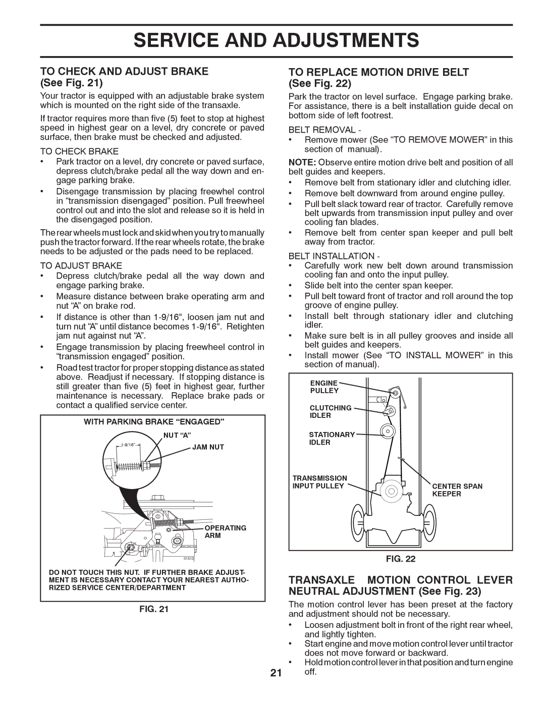 Poulan 417183 To Check and Adjust Brake See Fig, To Replace Motion Drive Belt See Fig, To Check Brake, To Adjust Brake 