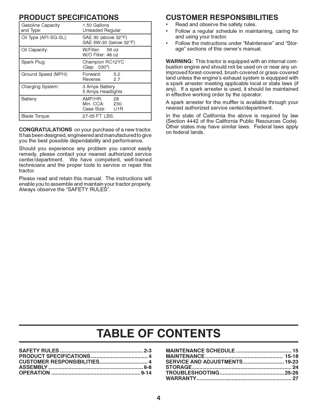 Poulan 96012007900, 417183 manual Table of Contents 