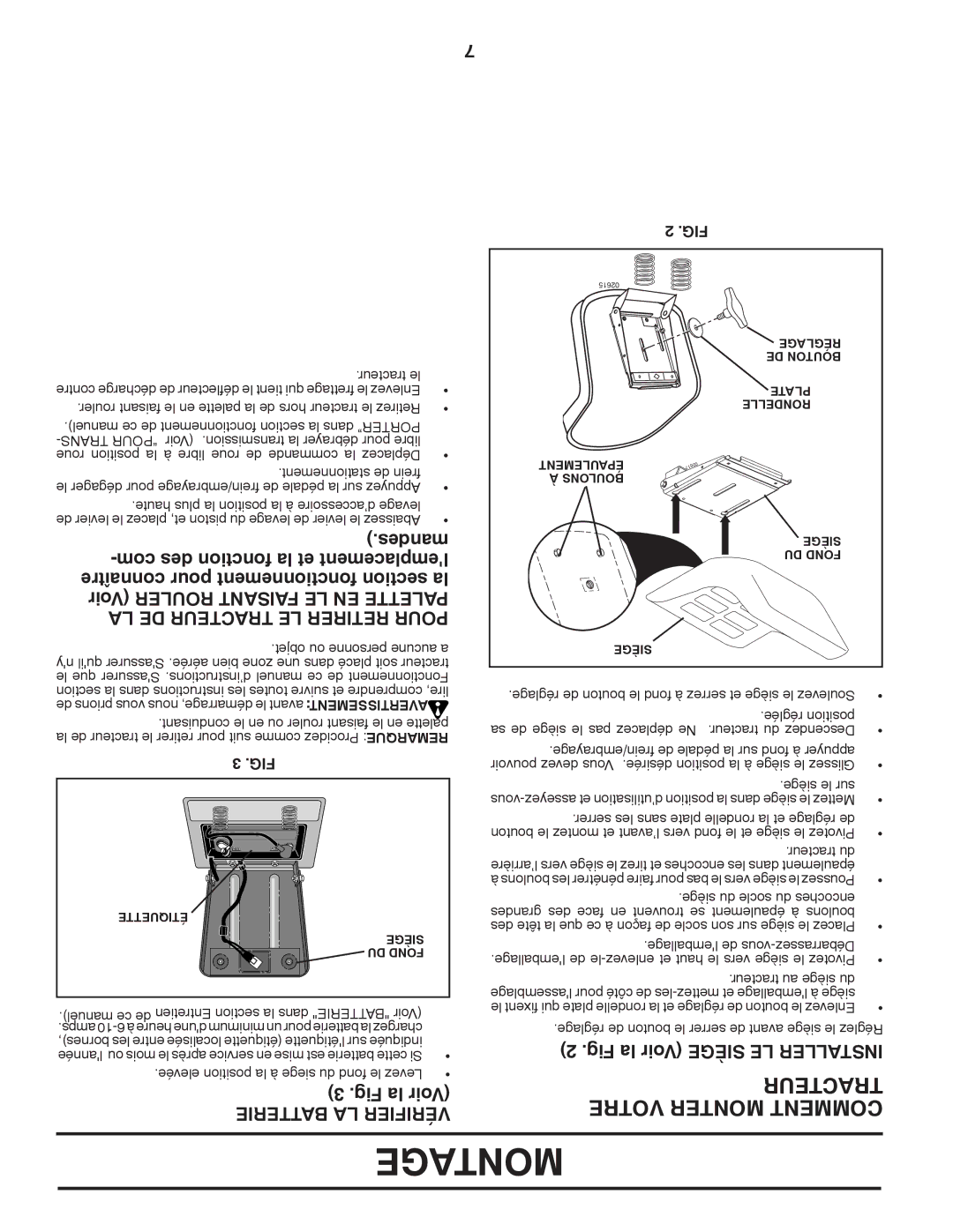 Poulan 96012007900 manual Votre Monter Comment, Desman, Com des fonction la et mentceplalem, Fig la Voir Siège LE Installer 