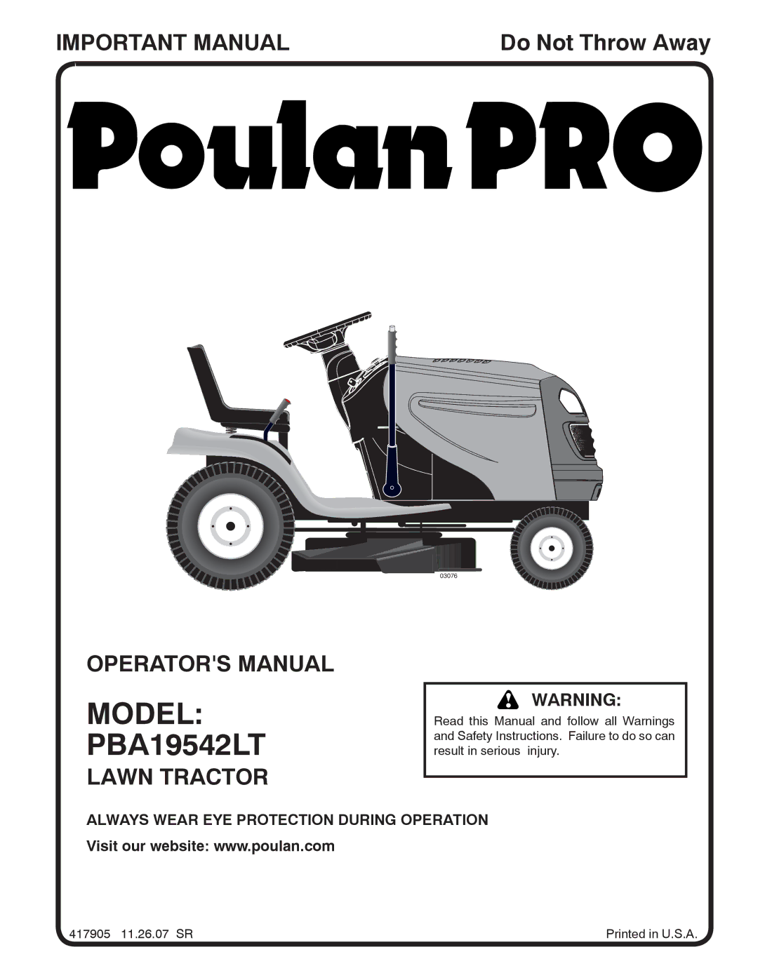 Poulan 417905, 96012008100 manual Model, PBA19542LT 