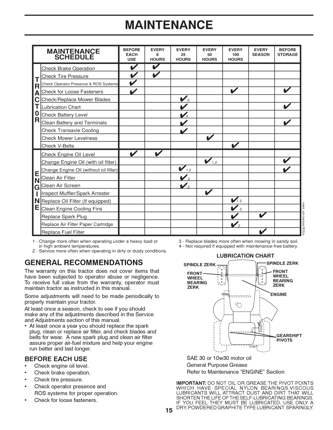 Poulan 417905 manual Maintenance, General Recommendations, Before Each USE, Check Brake Operation Check Tire Pressure 