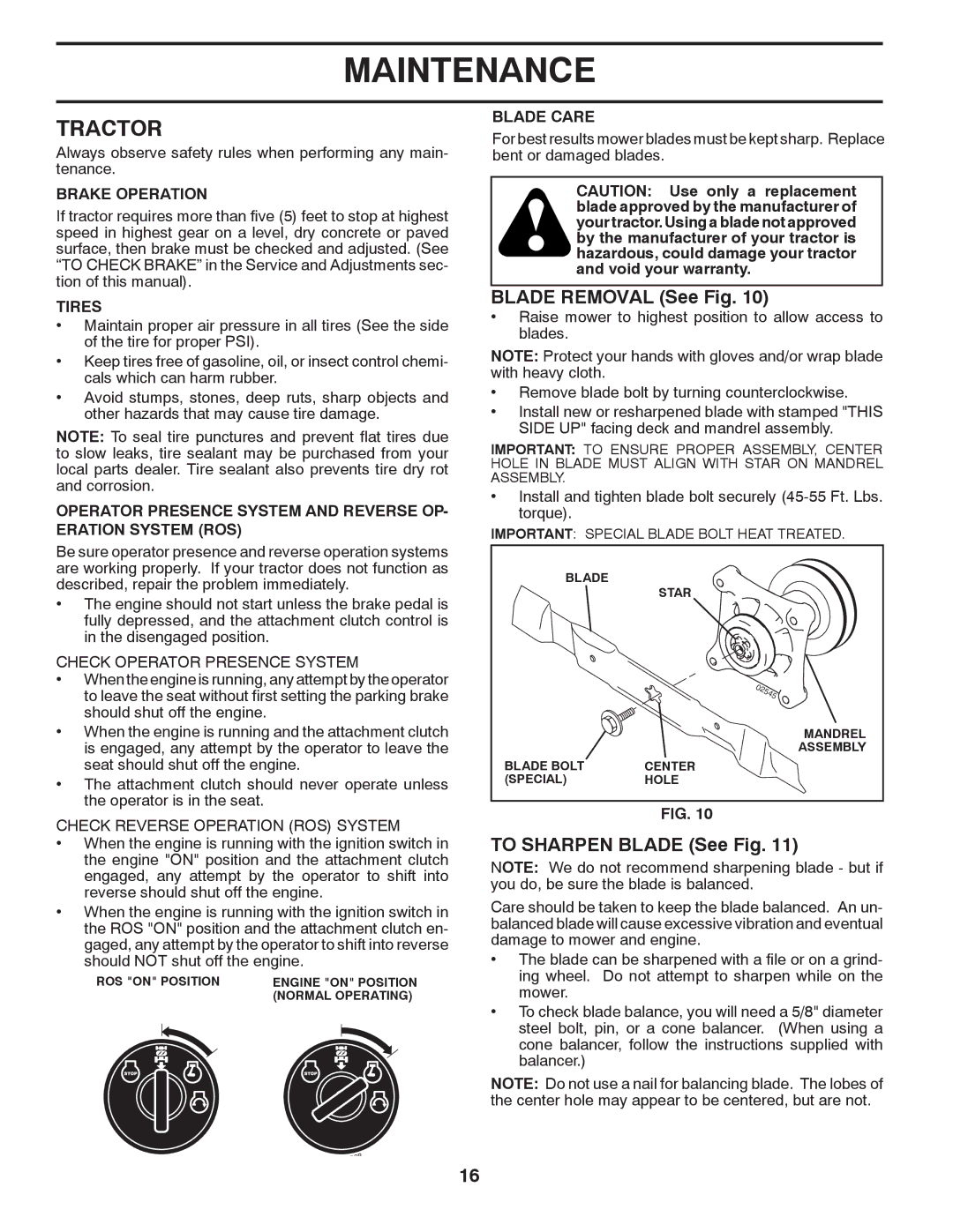 Poulan 96012008100, 417905 manual Tractor, Blade Removal See Fig, To Sharpen Blade See Fig, Check Operator Presence System 