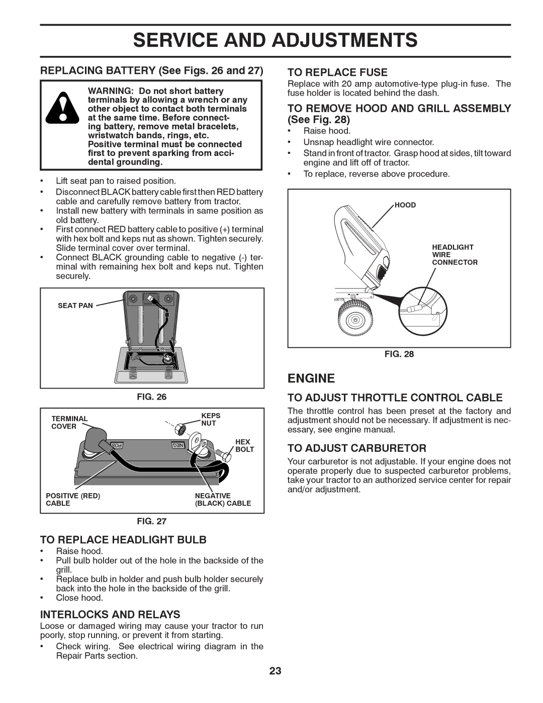 Poulan 417905 manual To Replace Headlight Bulb, Interlocks and Relays, To Replace Fuse, To Adjust Throttle Control Cable 