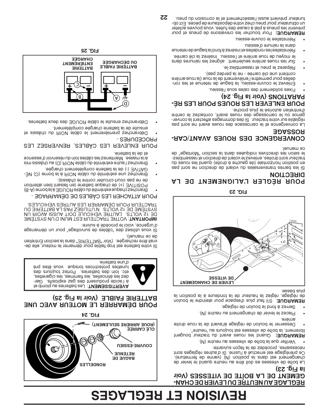 Poulan 417905, 96012008100 manual Rossage -AVANT/CAR Roues DES Convergence, LA DE L’ALIGNEMENT Régler Pour, Fig la 