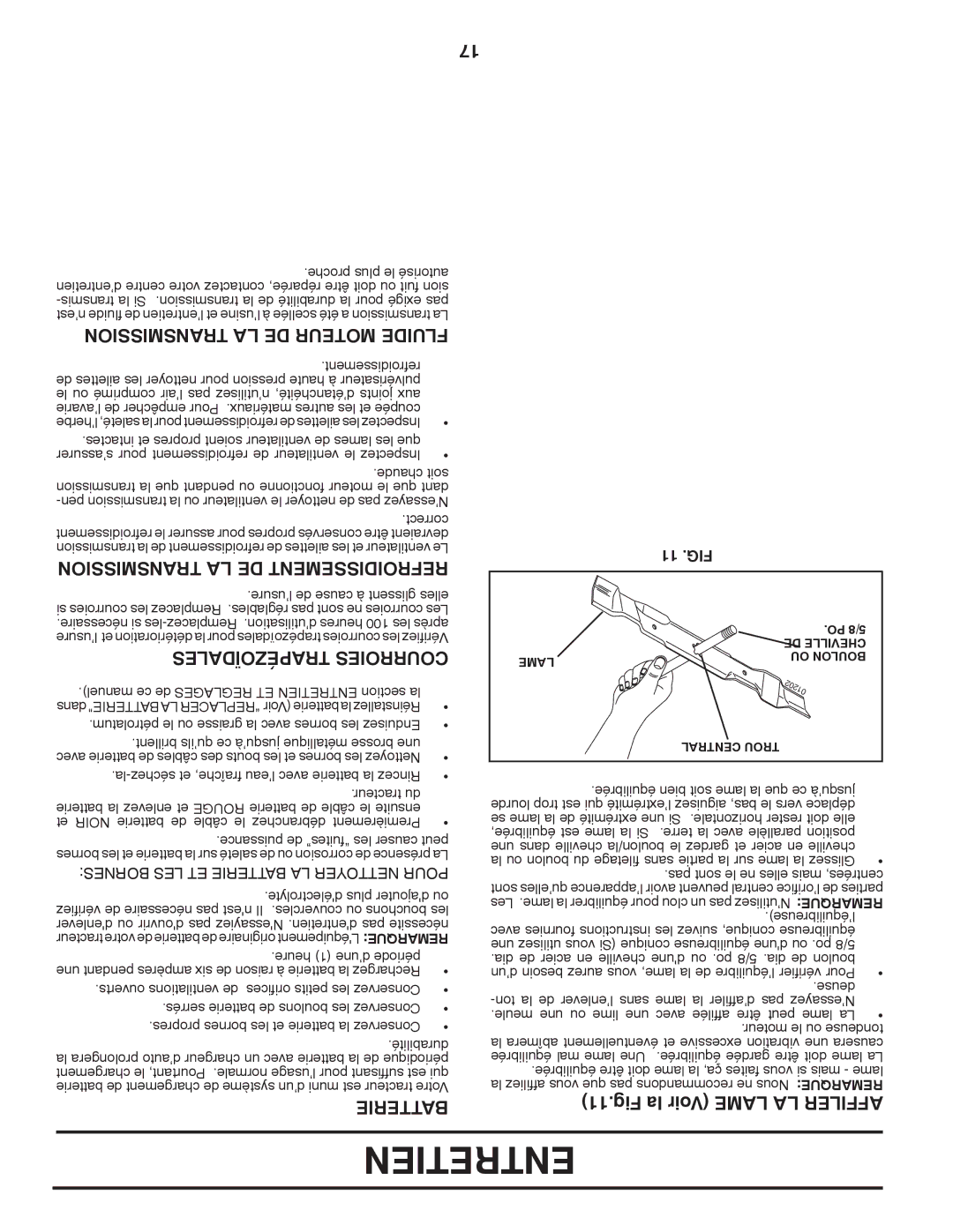 Poulan 96012008100 manual Sionmistrans LA DE Moteur Fluide, Transmission LA DE Refroidissement, Fig la Voir Lame LA Affiler 