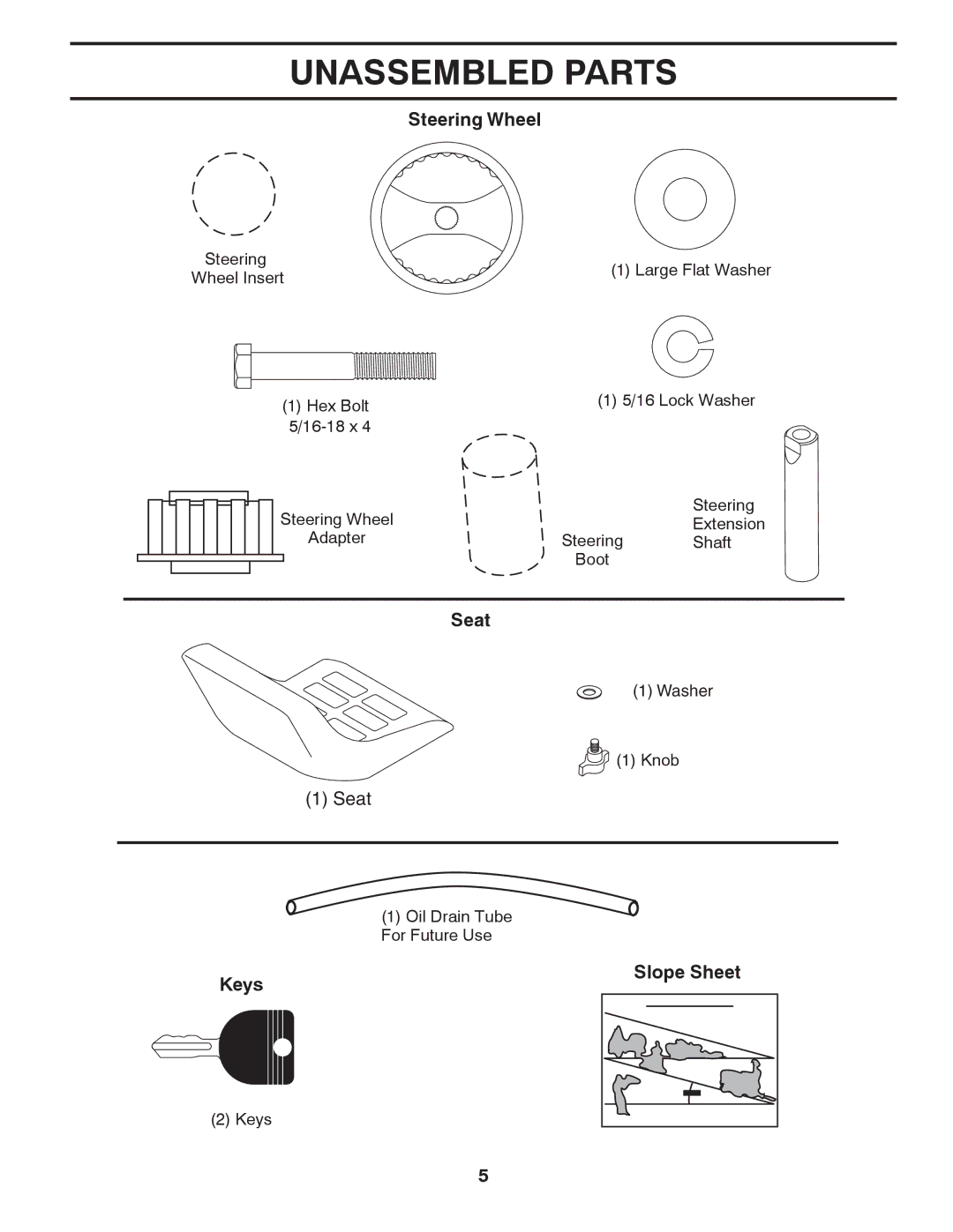 Poulan 417905, 96012008100 manual Unassembled Parts, Steering Wheel, Seat, Keys 