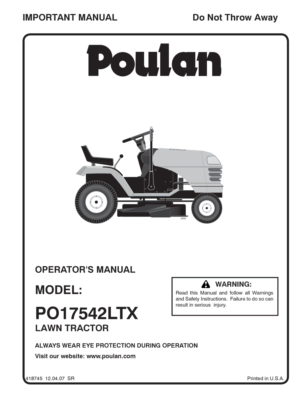 Poulan 418745, 96012008300 manual PO17542LTX, Model 