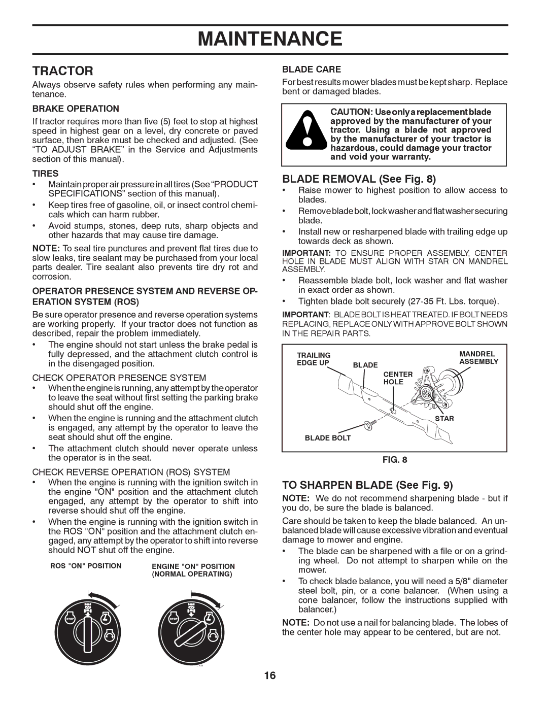 Poulan 96012008300, 418745 manual Tractor, Blade Removal See Fig, To Sharpen Blade See Fig, Check Operator Presence System 