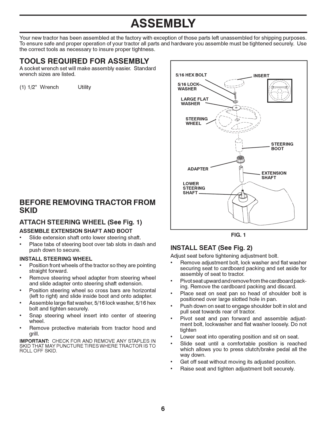 Poulan 96012008300, 418745 Tools Required for Assembly, Before Removing Tractor from Skid, Attach Steering Wheel See Fig 