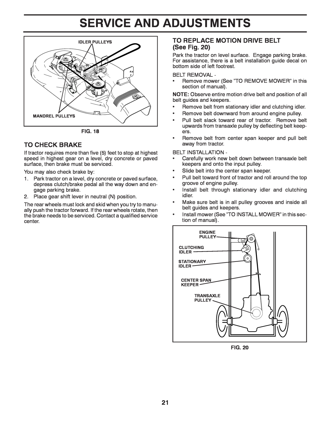 Poulan 418745, 96012008300 To Check Brake, TO REPLACE MOTION DRIVE BELT See Fig, Service And Adjustments, Idler Pulleys 