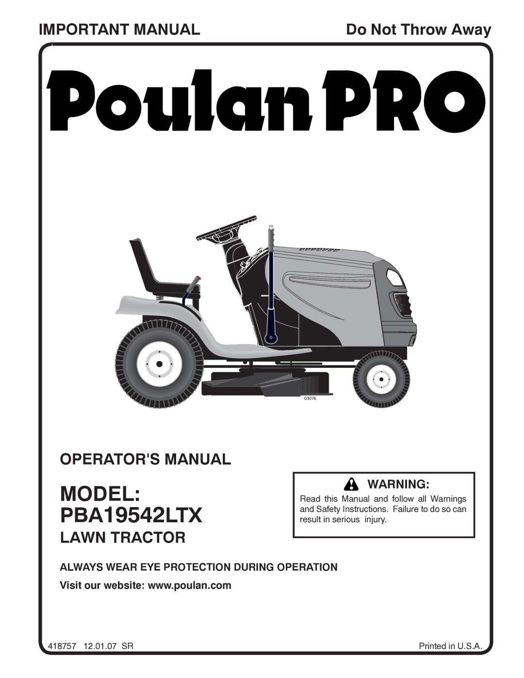 Poulan 418757, 96012008400 manual Model PBA19542LTX, Lawn Tractor 