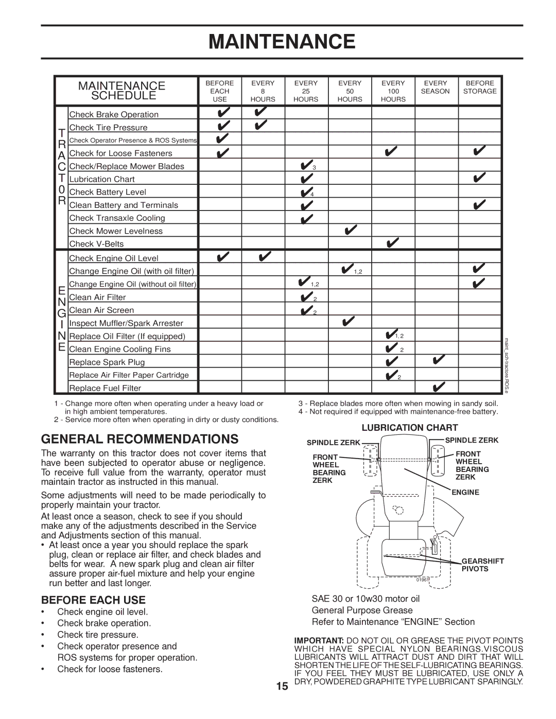 Poulan 418757 manual Maintenance, General Recommendations, Before Each USE, Check Brake Operation Check Tire Pressure 