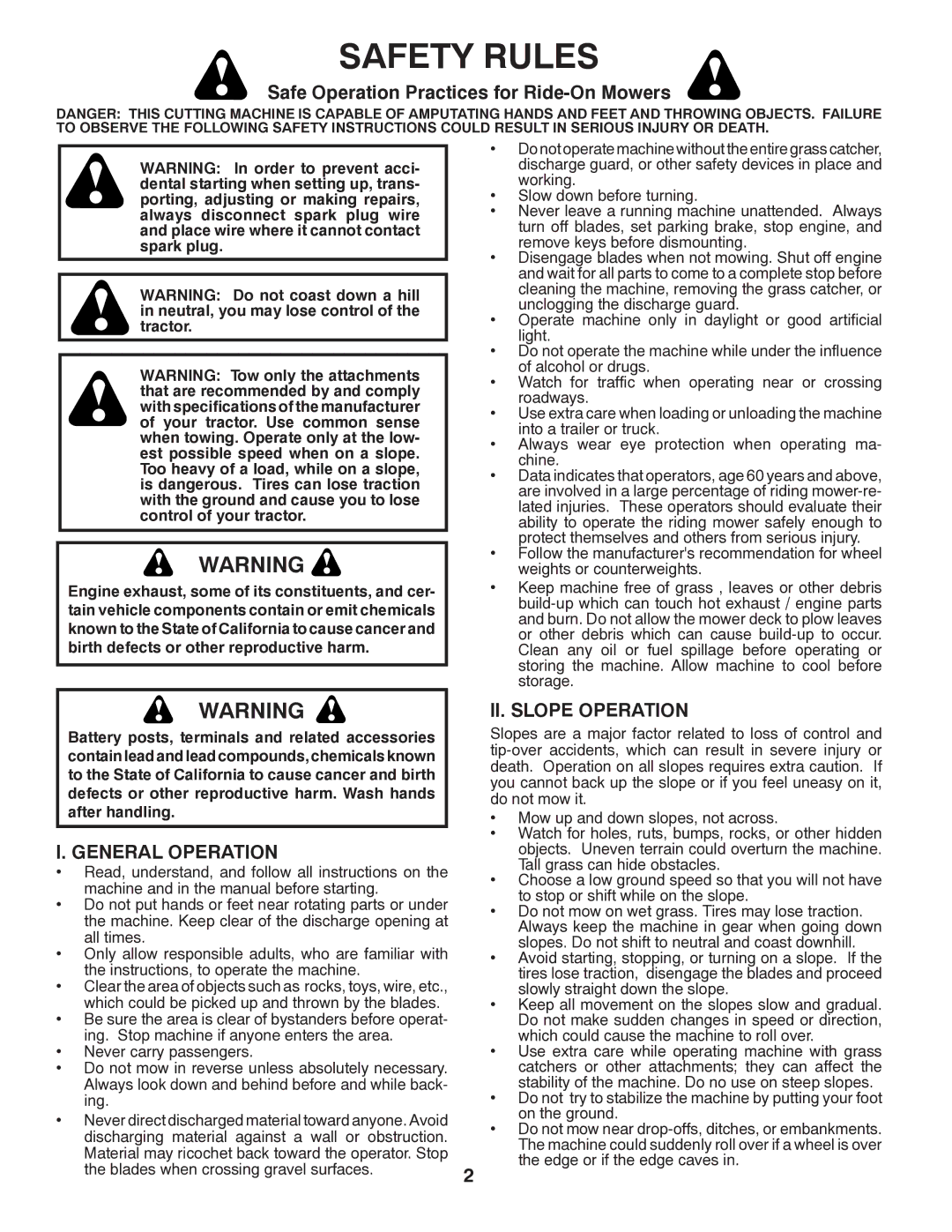 Poulan 96012008400 manual Safety Rules, Safe Operation Practices for Ride-On Mowers, General Operation, II. Slope Operation 