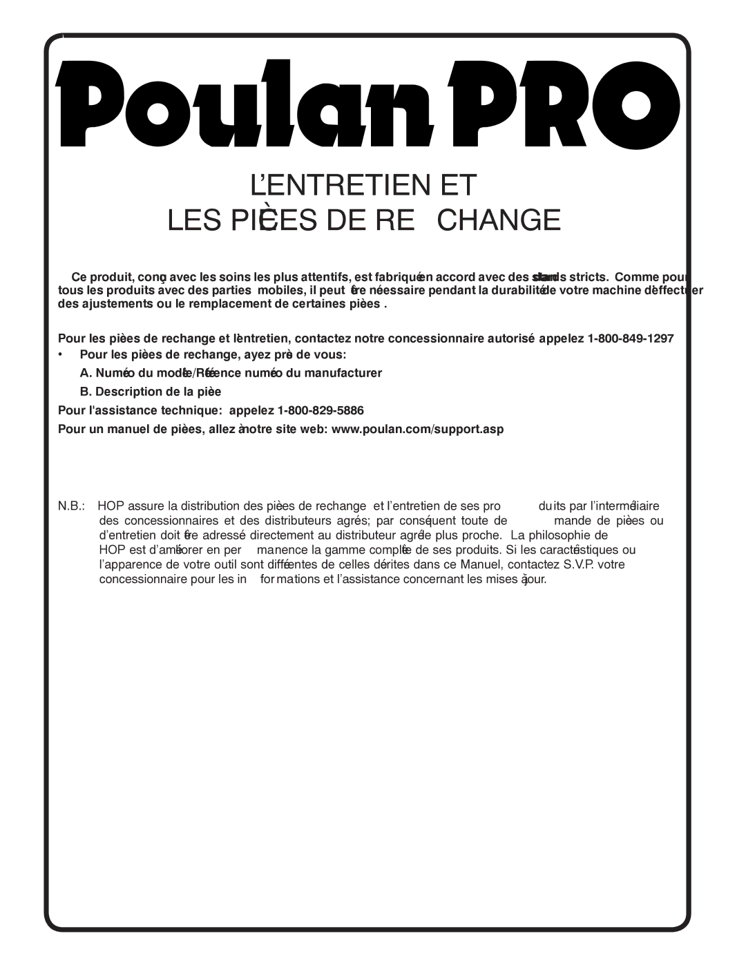 Poulan 418757, 96012008400 manual Changere DE Pièces LES ET L’ENTRETIEN 