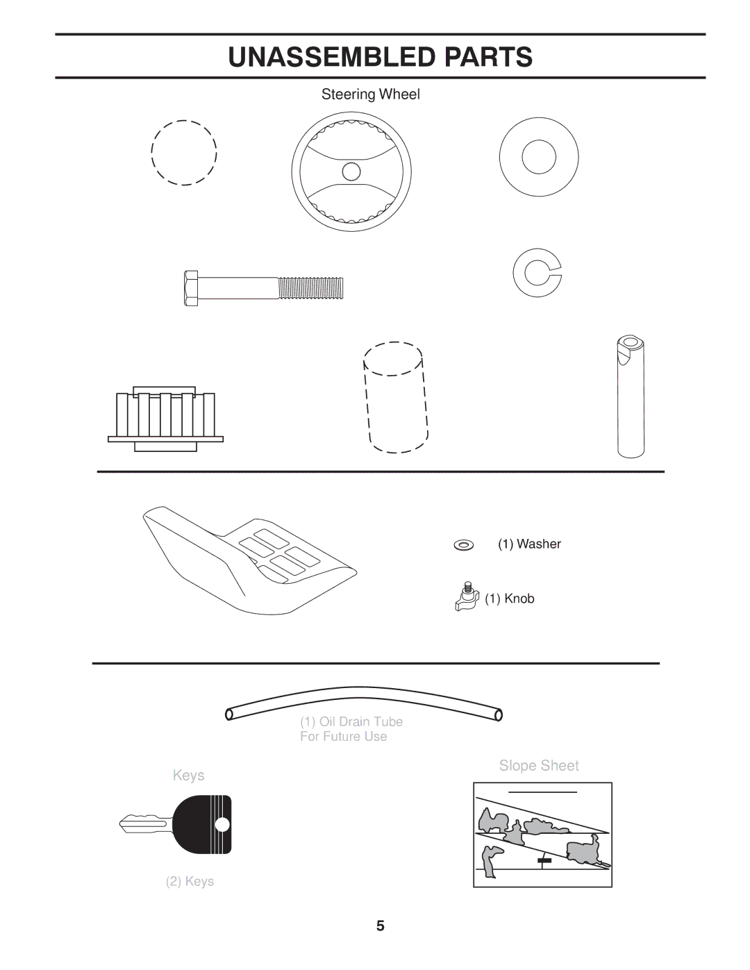 Poulan 418757, 96012008400 manual Unassembled Parts, Steering Wheel, Seat, Keys 