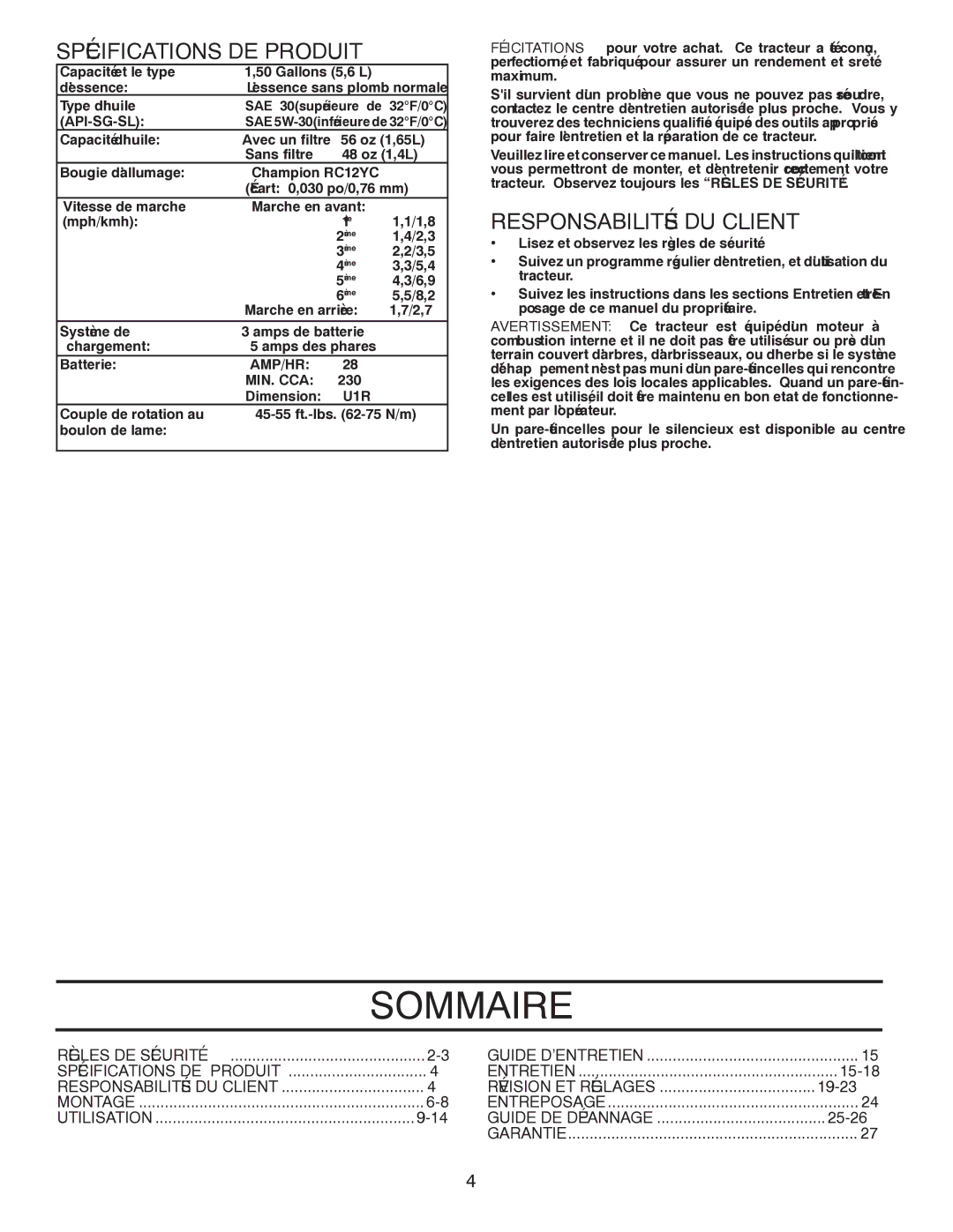 Poulan 418757, 96012008400 manual Sommaire, Client DU Responsabilités, Produit DE Spécifications, Cca .Min Amp/Hr, Sl-Sg-Api 