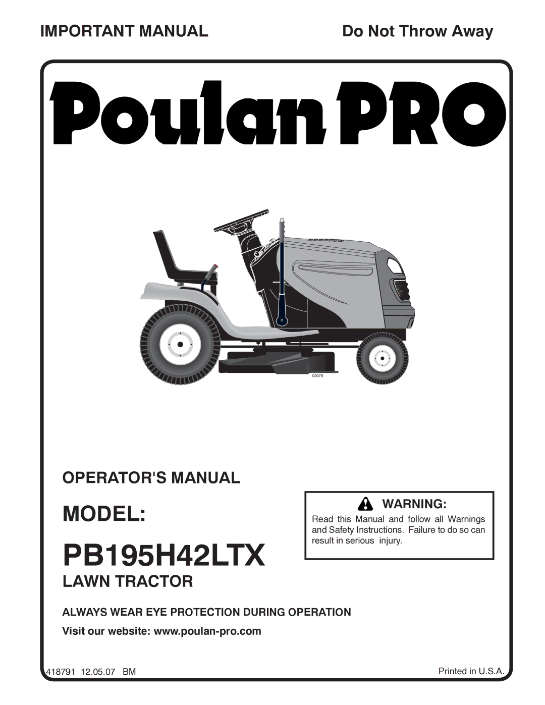 Poulan 418791, 96012008500 manual PB195H42LTX, Model 