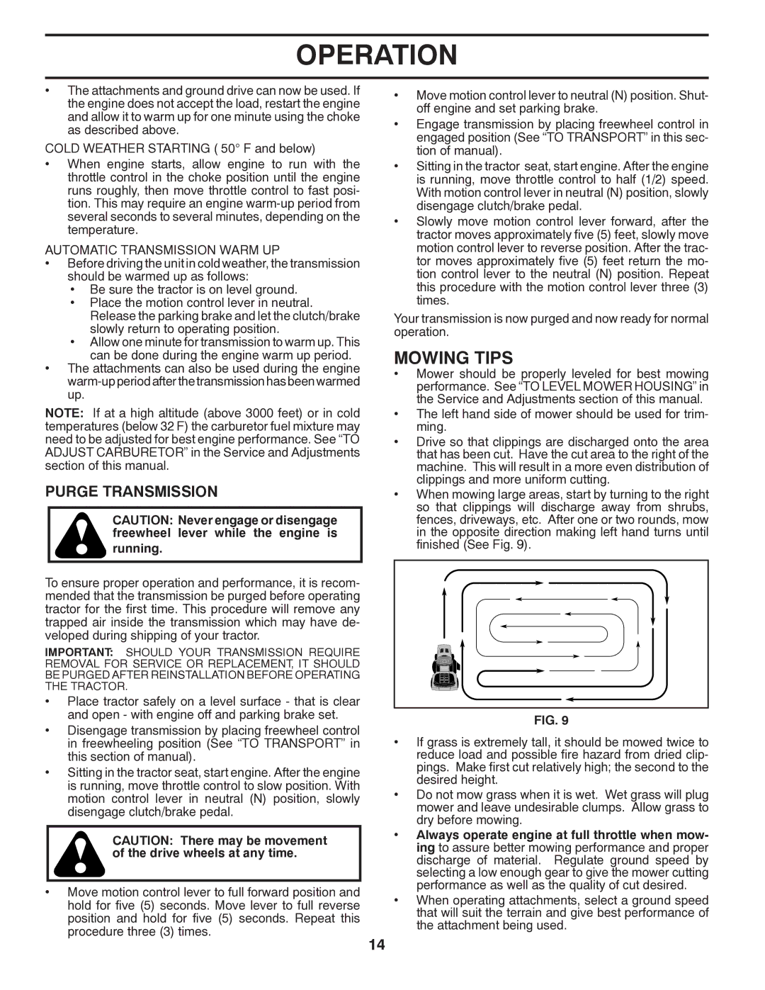Poulan 96012008500, 418791 manual Mowing Tips, Purge Transmission, Automatic Transmission Warm UP, Running 