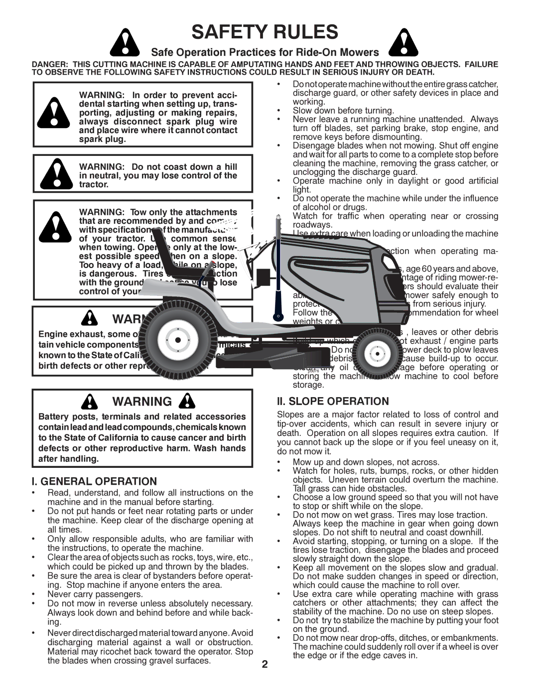 Poulan 96012008500 manual Safety Rules, Safe Operation Practices for Ride-On Mowers, General Operation, II. Slope Operation 