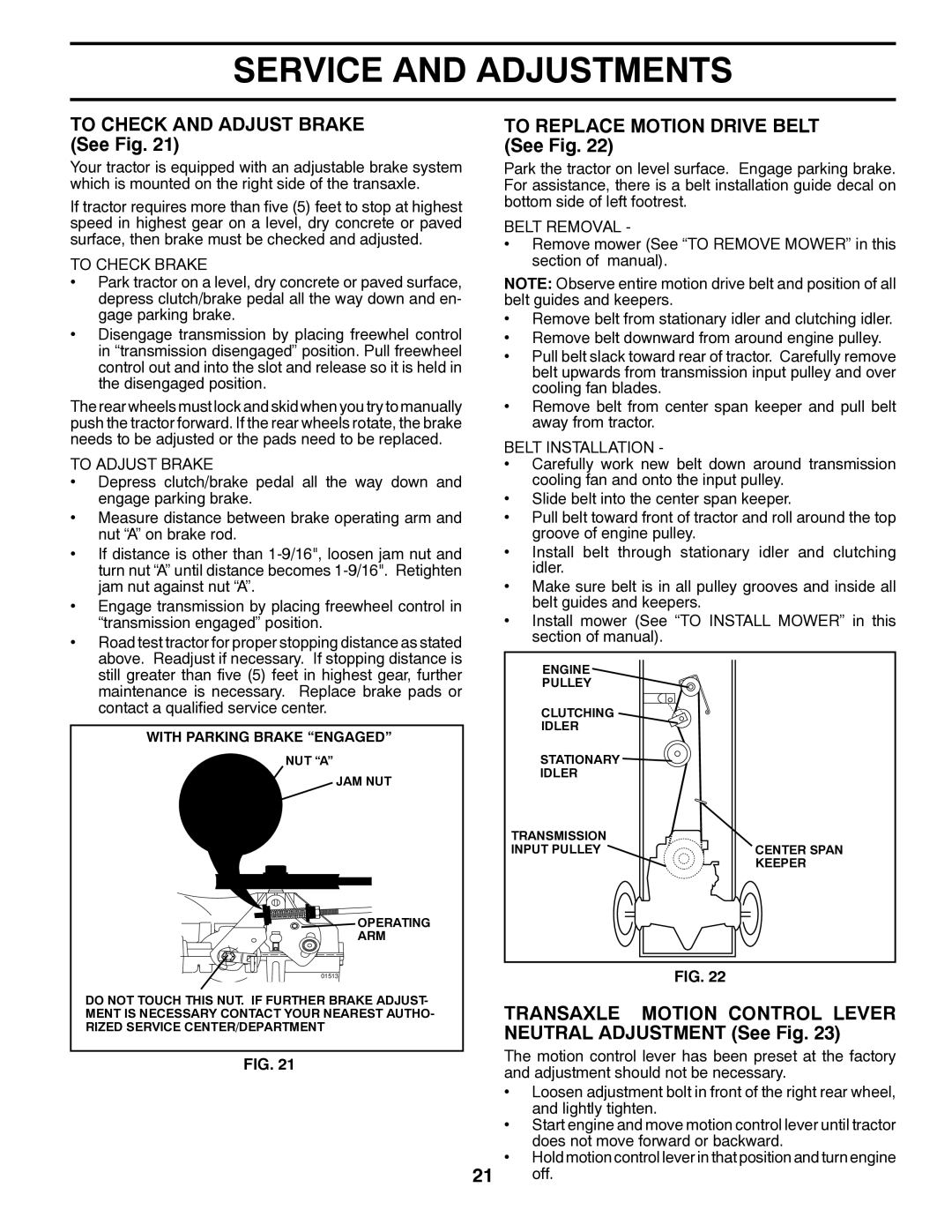 Poulan 418791 To Check and Adjust Brake See Fig, To Replace Motion Drive Belt See Fig, To Check Brake, To Adjust Brake 