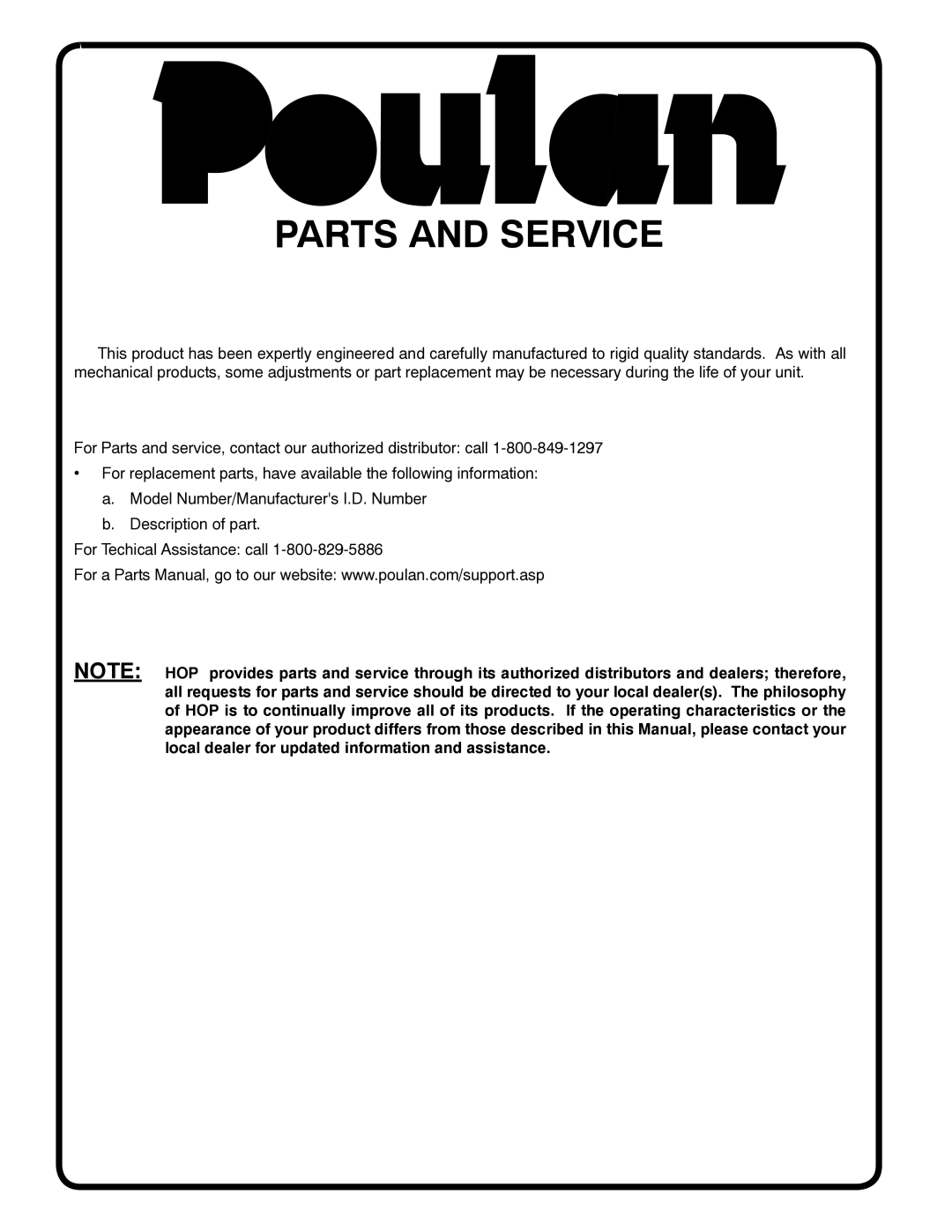 Poulan 96012008500, 418791 manual Parts and Service 