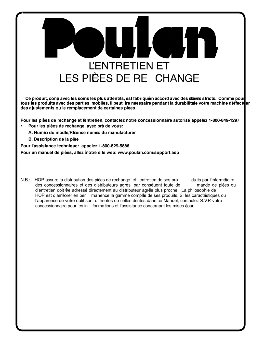 Poulan 418791, 96012008500 manual Changere DE Pièces LES ET L’ENTRETIEN 