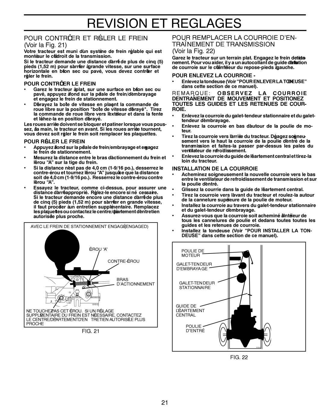 Poulan 96012008500, 418791 manual Fig la Voir, ’EN Courroie LA Remplacer Pour, Frein LE Régler ET Contrôler Pour 