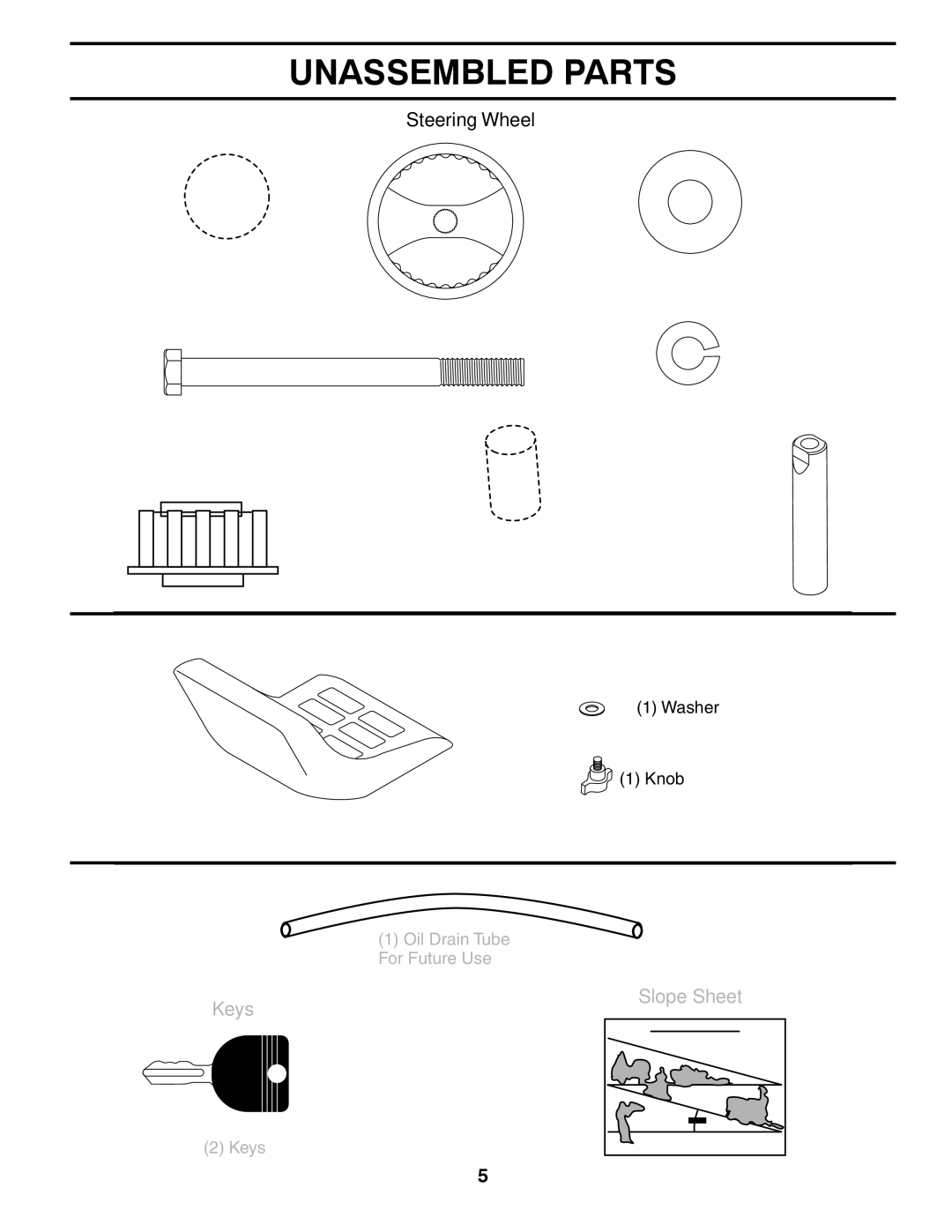 Poulan 418791, 96012008500 manual Unassembled Parts, Steering Wheel, Seat, Keys Slope Sheet 