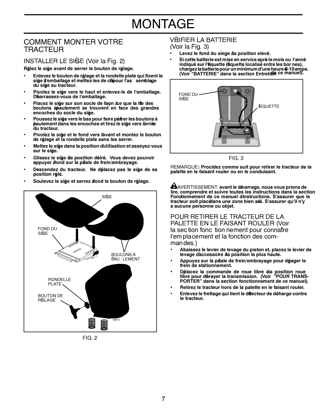 Poulan 96012008500 manual Votre Monter Comment, Desman, Com des fonction la et mentceplalem, Fig la Voir Siège LE Installer 