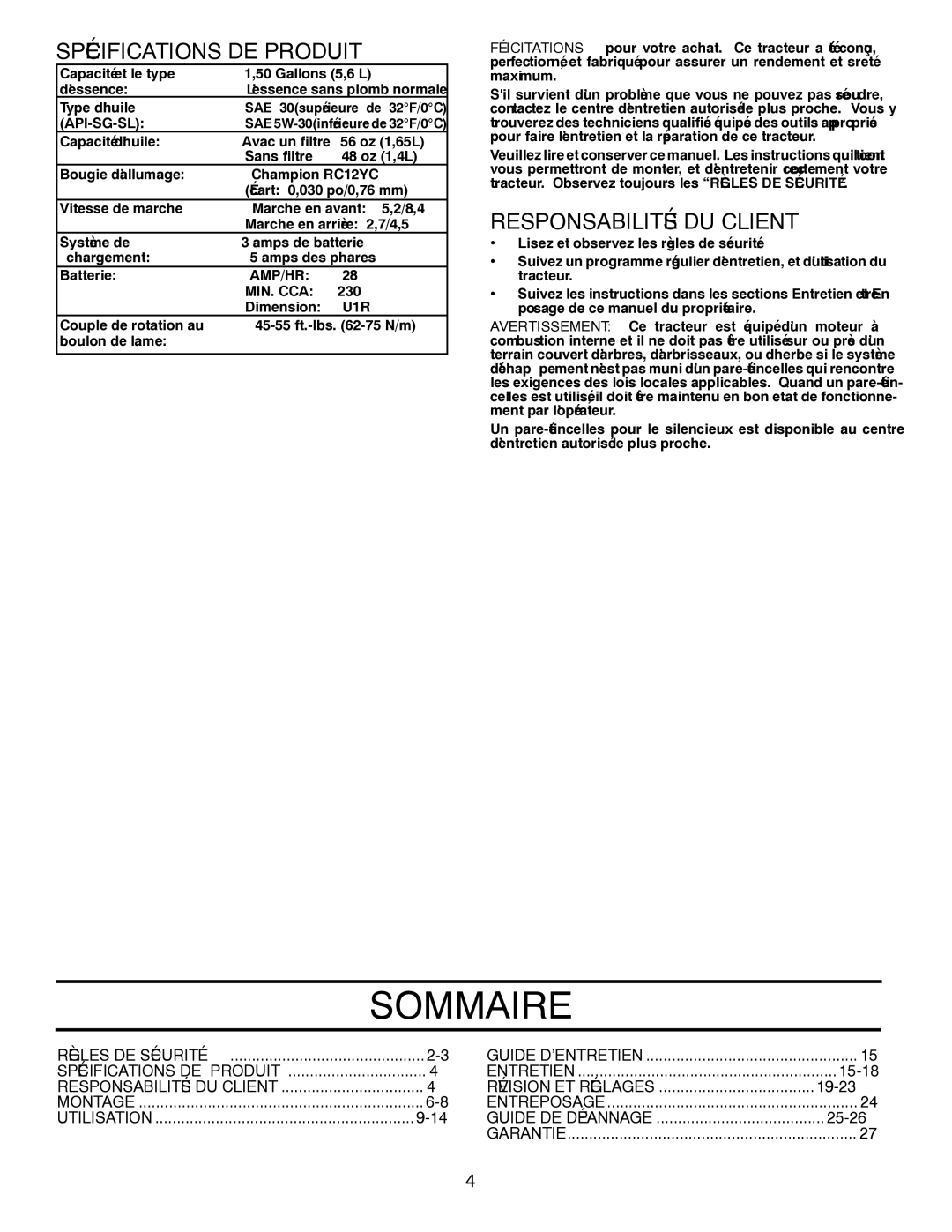 Poulan 418791, 96012008500 manual Sommaire, Client DU Responsabilités, Produit DE Spécifications, Cca .Min Amp/Hr, Sl-Sg-Api 