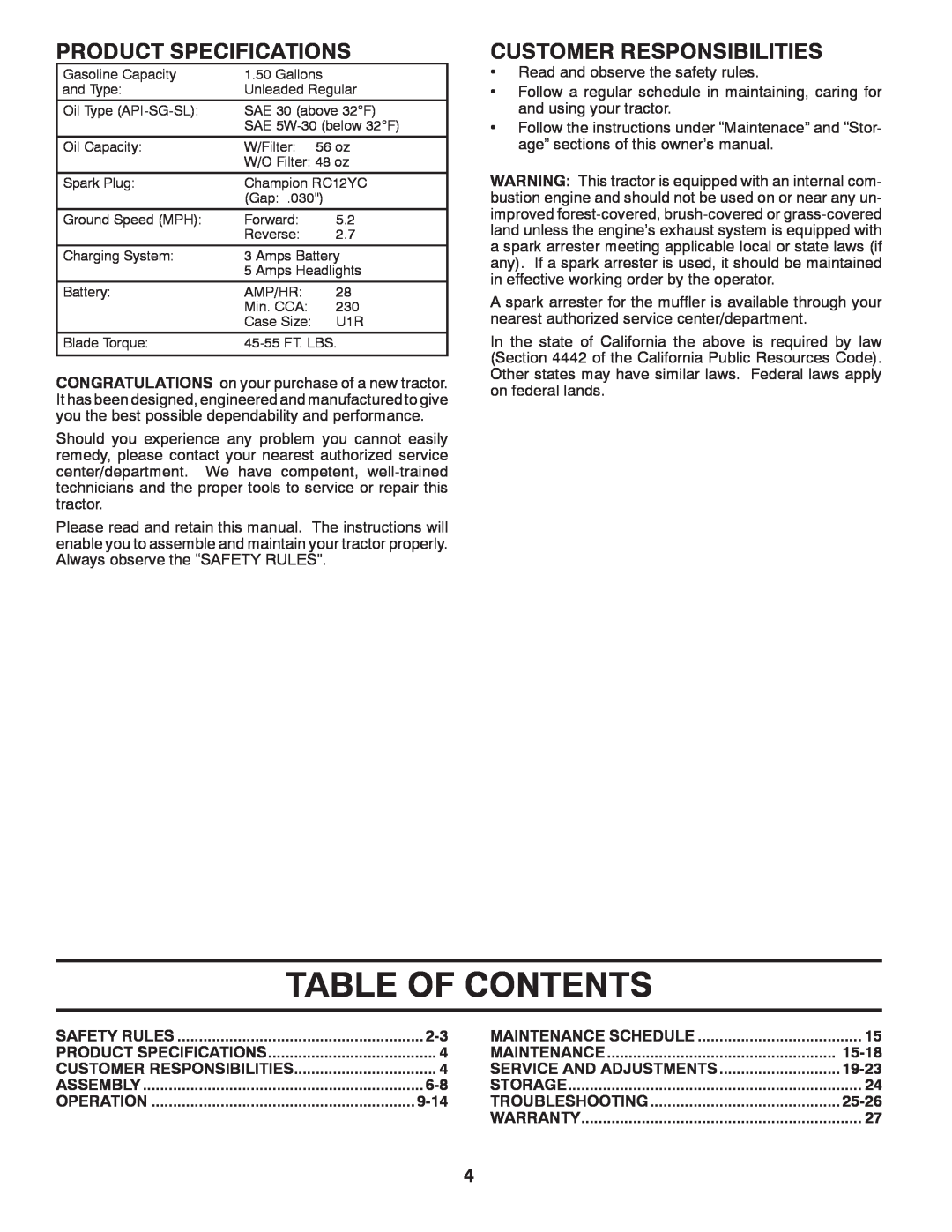 Poulan 96012008500, 418791 manual Table Of Contents, Product Specifications, Customer Responsibilities 