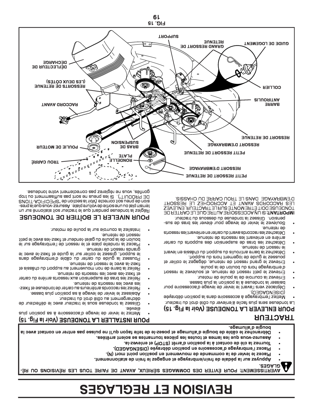 Poulan 96012008500, 418791 manual Reglages Et Revision, Tracteur, Tondeuse De Boîtier Le Niveler Pour 