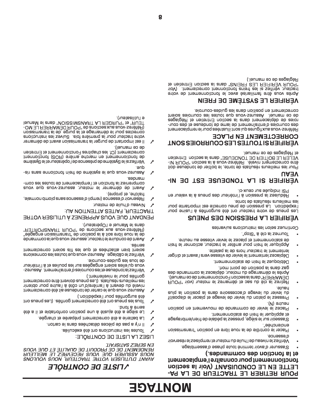 Poulan 418791 manual Montage, Contrôle De Liste, Ni De Est Tondeuse La Si Vérifier, desmancom des tionfonc la et, Veau 