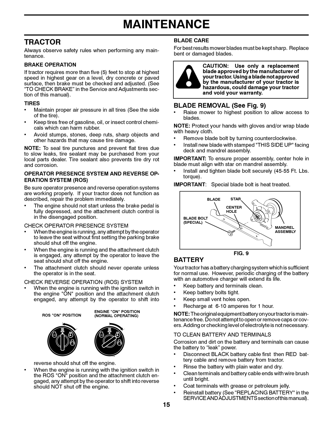 Poulan 96012008600 manual Tractor, Blade Removal See Fig, Battery 