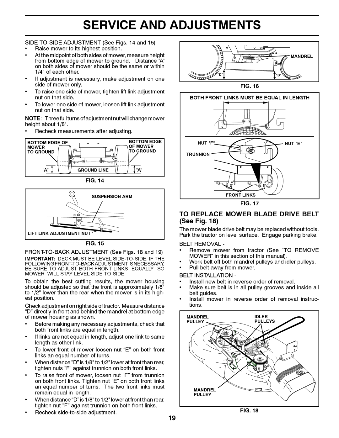 Poulan 96012008600 manual To Replace Mower Blade Drive Belt See Fig, Belt Removal, Belt Installation 