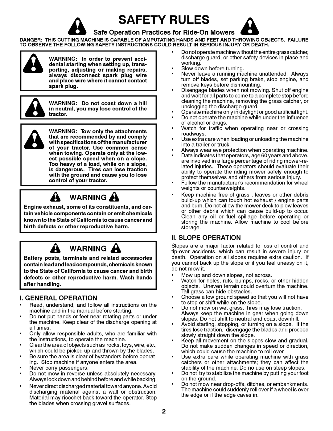 Poulan 96012008600 manual Safety Rules, Safe Operation Practices for Ride-On Mowers, General Operation, II. Slope Operation 