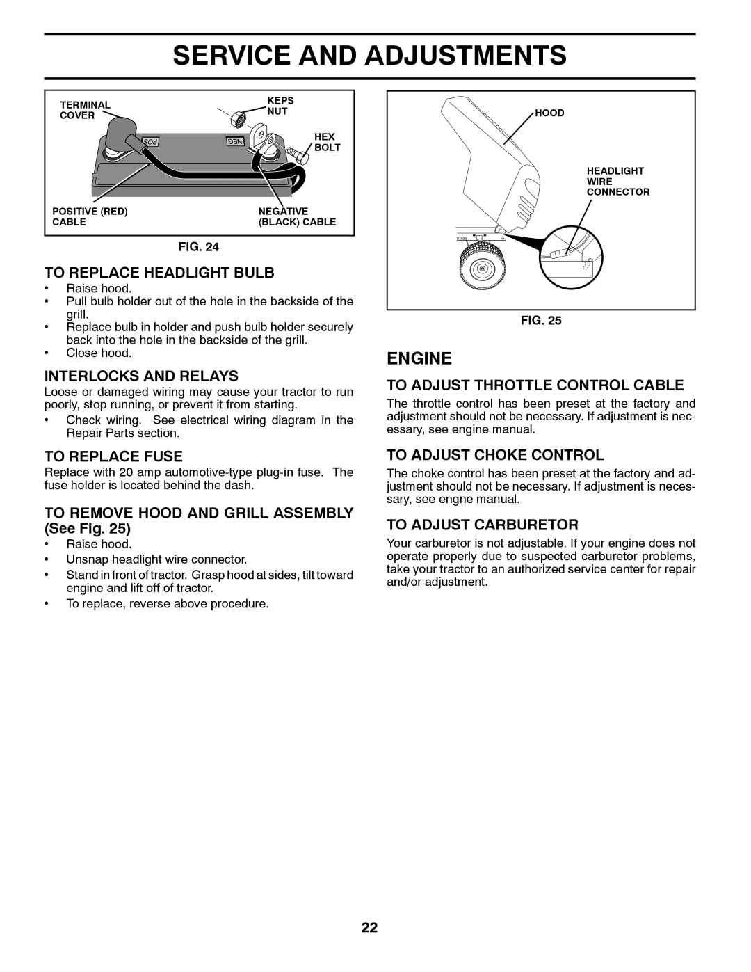 Poulan 96012008600 To Replace Headlight Bulb, Interlocks and Relays, To Replace Fuse, To Adjust Throttle Control Cable 