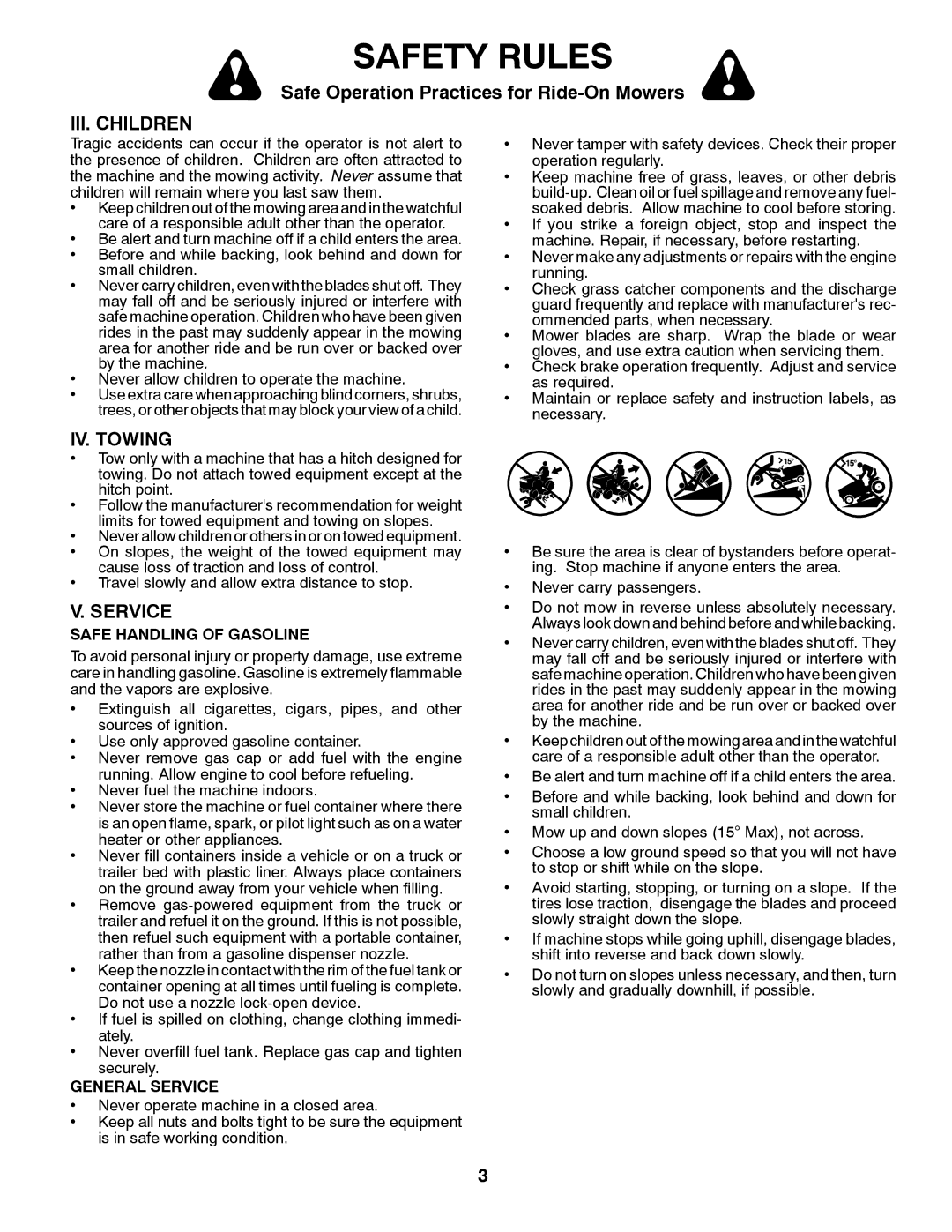 Poulan 96012008600 manual III. Children, IV. Towing, Safe Handling of Gasoline, General Service 