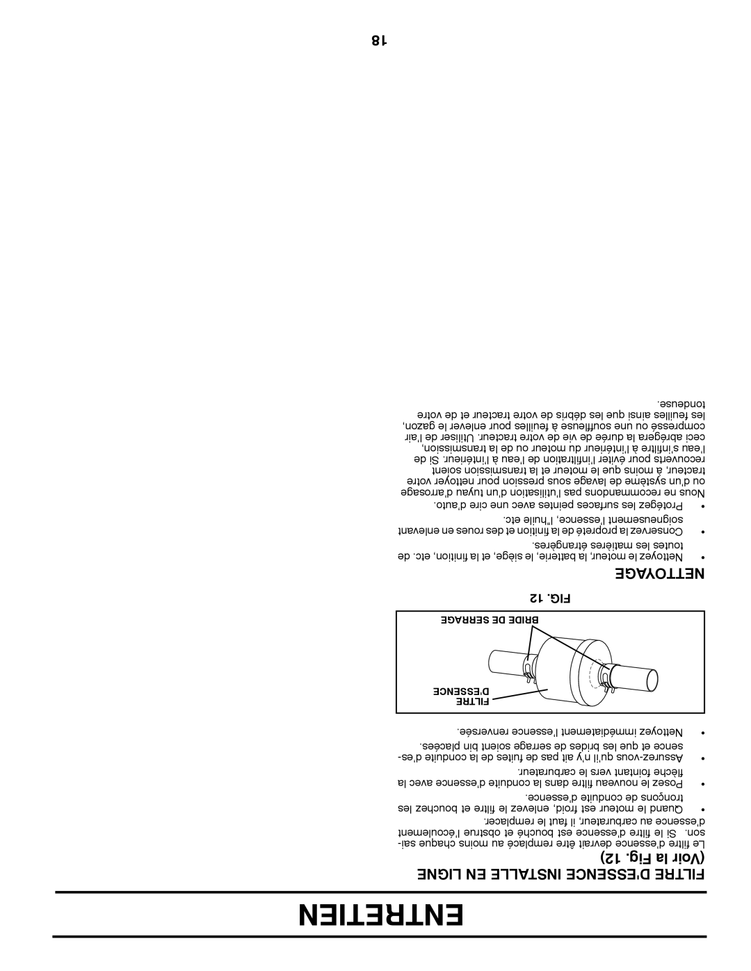 Poulan 96012008600 manual Entretien, Nettoyage, Ligne EN Installe Dessence Filtre, 12 .FIG 