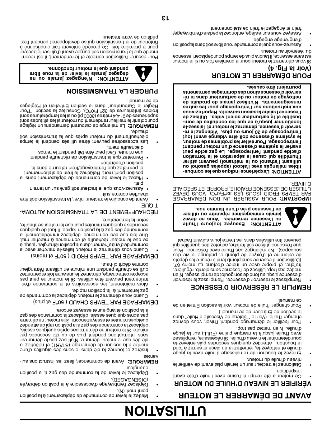 Poulan 96012008600 manual Moteur LE Démarrer DE Avant, Transmission LA Purger, Moteur LE Démarrer Pour 