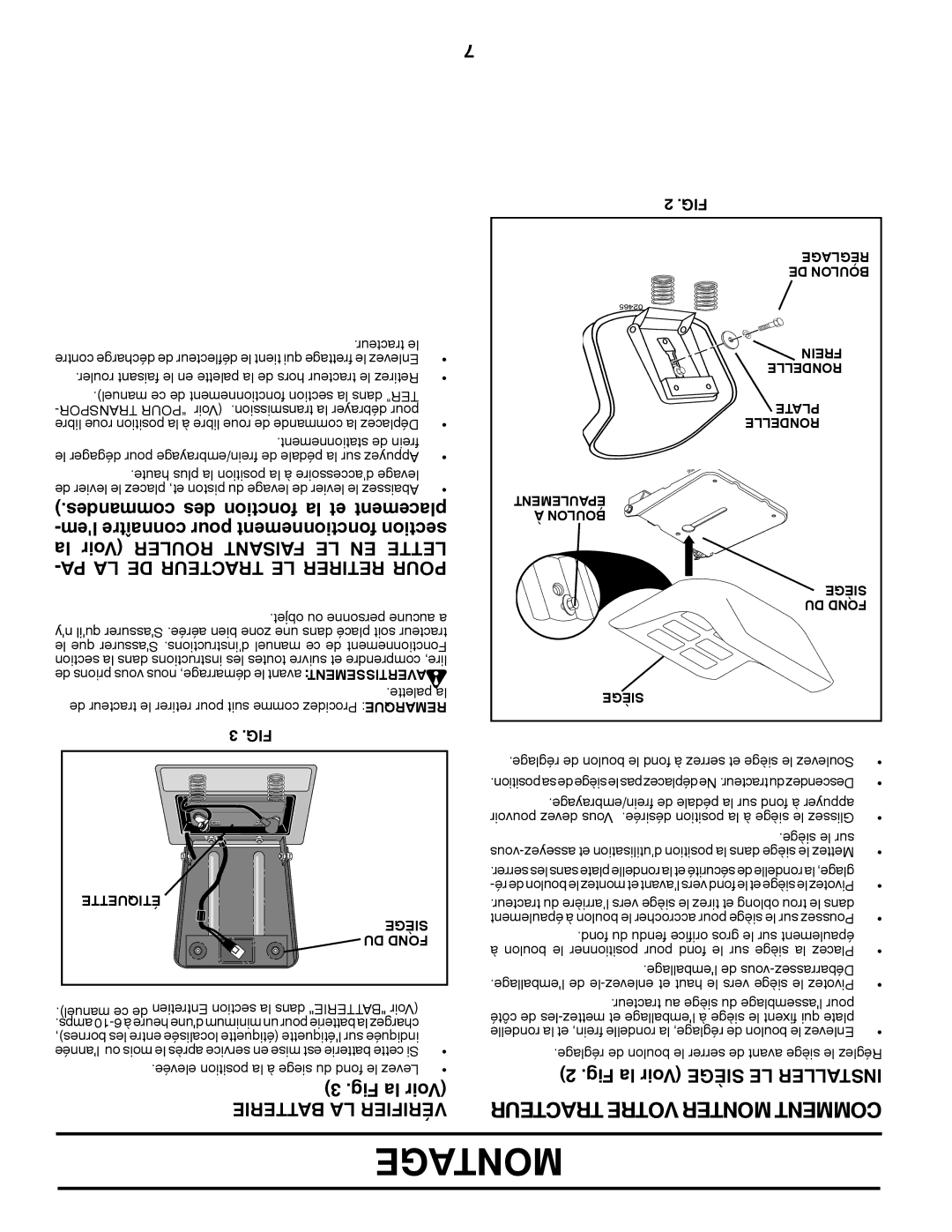 Poulan 96012008600 manual Desmancom des fonction la et mentcepla, PA LA DE Tracteur LE Retirer Pour, Batterie LA Vérifier 