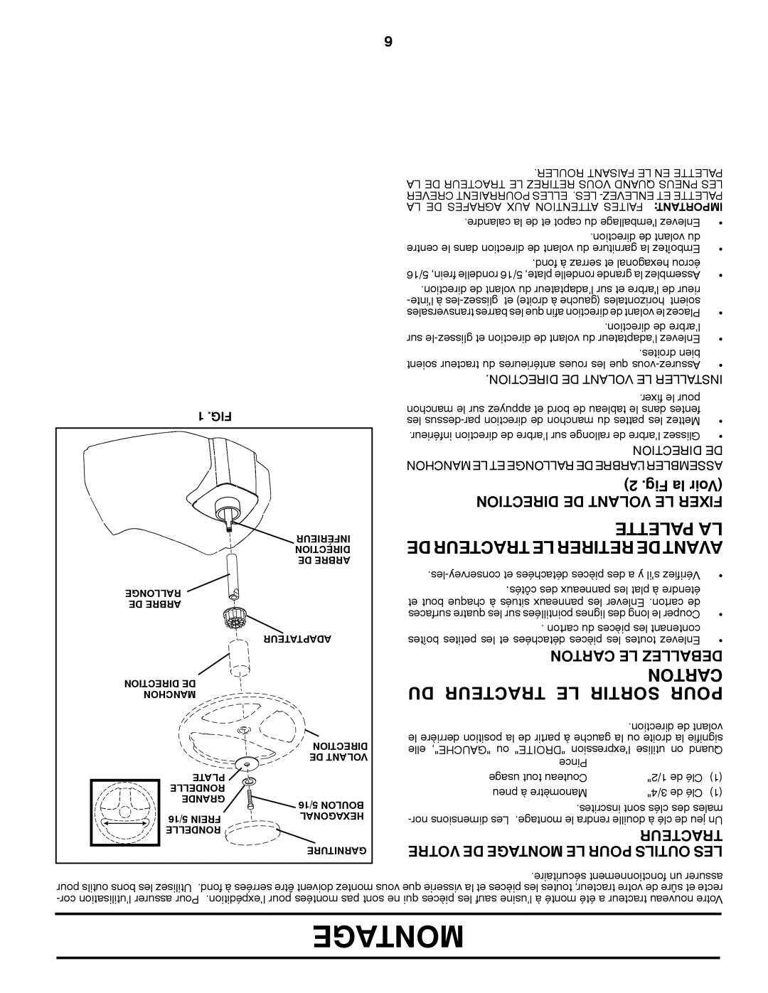 Poulan 96012008600 manual DU Tracteur LE Sortir Pour, Palette LA, Toncar, Fig la Voir Tionrecdi DE Volant LE Fixer 