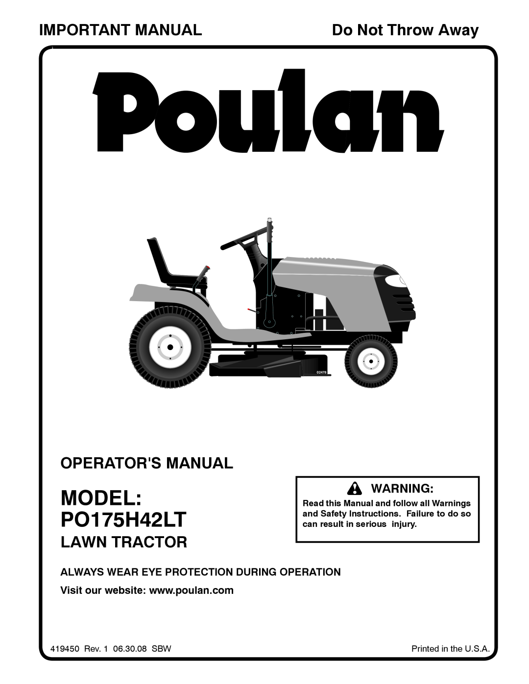 Poulan 96012008600 manual MODEL PO175H42LT, Important Manual, Operators Manual, Lawn Tractor, Do Not Throw Away, 02478 